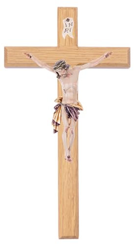 Fritz Cox Kreuz Eiche natur mit Körper 35cm coloriert, roter Lendenschurz Romalith