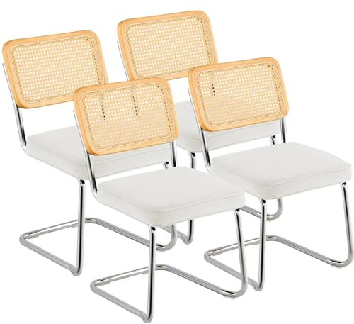 VEVOR Chaises en rotin, Lot de 4, chaises de Salle à Manger Modernes du Milieu du siècle, Chaise d'appoint en Velours tapissée avec Dossier en rotin, Chaise rétro pour Salon, Chambre, Bureau, Blanc