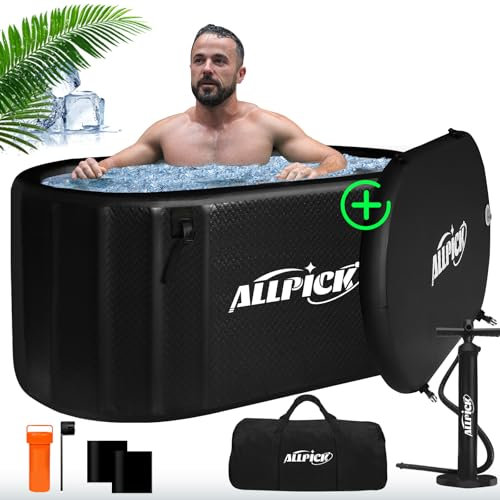 ALLPICK Eisbad Tonne Mit Abdeckung - (150CM)XL Faltbare Badewanne Für Athleten, Kompatibel Mit Wasserkühler, Eistonne Tonne für Kryo-Therapie, Ice Bath für Innen & Außenbereich, 370L Eistonne, Schwarz