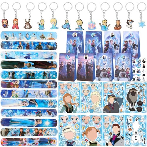 70 Pcs Mitgebsel Kindergeburtstag, Eiskönigin Geburtstag Deko Geburtstagsdeko 16 DIY Aufkleber 12 Schlüsselschnalle 12 Schnapparmband Kinder 12 Geburtstagstüten 18 Geburtstagstüten Aufkleber