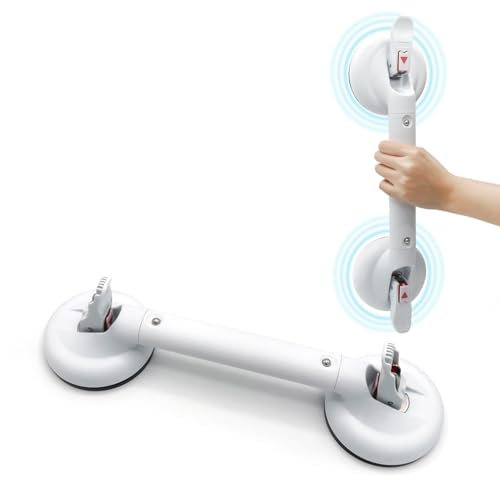 Haltegriff mit Saugnapf für Dusche und Badewanne, Haltegriff Dusche ohne Bohre, Rbuster Duschgriff mit starkem Saugnapf, Sicherheitshandläufe für Senioren und ältere Menschen 43cm, weiß