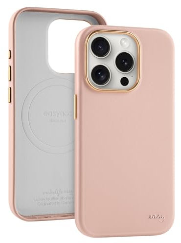 EasyAcc for iPhone 15 Pro Max Case,Eco Leather,Compatible with MagSafe,Dirt Resistant, Scratch-Resistant,Metal Buttons,Luxury Phone Cover for iPhone 15 Pro Max, Shockproof,Drop Protection,Pink