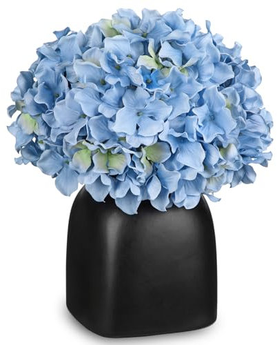 Briful Kunstblumen Wie Echt Künstliche Hortensien Blaue Dekoblumen mit Beeren in Schwarzer Keramikvase Blumengesteck für Büro Resto Wohnzimmer Badzimmer Herbst Dekoration