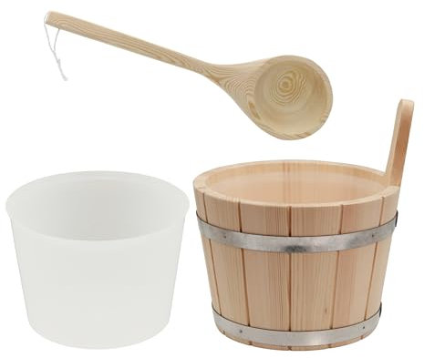 HAF® Saunakübel Set Nadelholz 5 Liter mit Einsatz und 40cm Saunakelle aus Kiefernholz | Feuchtigkeitsresistenter Aufgusseimer | Hochwertiges Sauna Zubehör | Qualität: Made in Germany