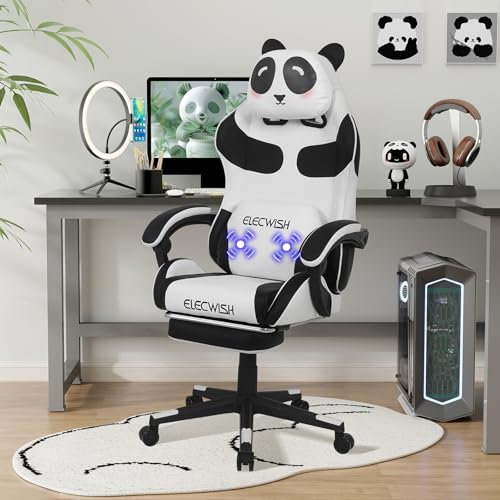 YU YUSING Cute Massage Gaming Stuhl, Ergonomischer Bürostuhl Computerstuhl, Gamer Stuhl mit Fußstütze, Kopfstütze Massage-Lendenkissen, Gepolstert Gaming Chair, Drehsessel, PC Sessel, Panda
