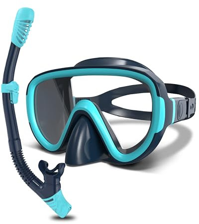 G2RISE Snorkel Set Adults, SN05 Snorkel Mask, Snorkel Set with Tempered Glass Lenses, Dry Top System & Upgraded Adjustable Buckle for Snorkeling, Diving, Swimming (Dark Blue)