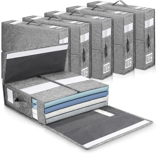 Zhufas Faltbarer Aufbewahrungstasche,6 Stück Aufbewahrung Bettwäsche Organizer,Bettwäsche Organizer mit Fenster&Etikett,Unterbett Aufbewahrung,Aufbewahrungsbox mit Deckel für Bettdecken Kleidung Decke