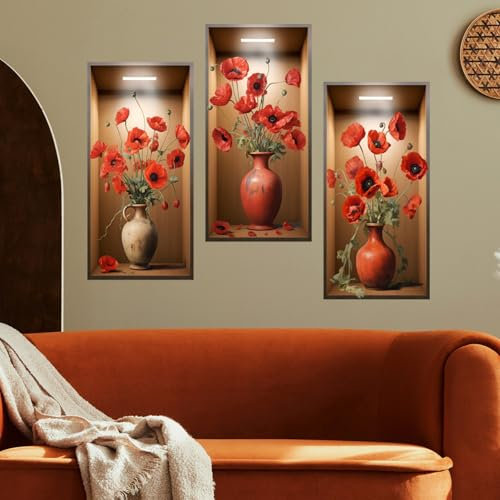 Lekabee Adesivo murale 3D piante verdi, 3 pezzi 3D vasi fiori adesivi murali decalcomanie per soggiorno camera da letto cucina decorazione, adesivi 3D fiori rossi