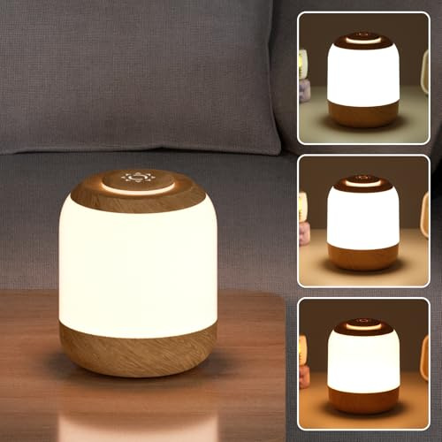 LUTW LED Nachttischlampe Touch Dimmbar, USB Aufladbar Nachtlicht Akku, Kabellos und Memory Funktion Tragbar Holzmaserung Nachtlampe für Schlafzimmer Wohnzimmer Camping, Holzmaserungsfarbe