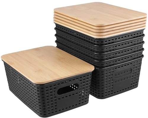 FAAING 6er Set Aufbewahrungsbox mit Bambus Deckel Schwarz, Rattan Kunststoff Aufbewahrungskorb, Stapelbare Aufbewahrungsboxen, Küchen Organizer Aufbewahrung für Regale, Schränke, Büro