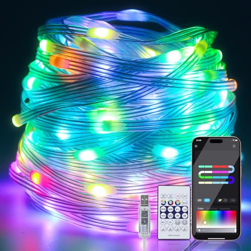Lichterkette Außen, 20M 200LED IP65 Wasserdichte RGB Lichtschlauch Außen App-Steuerung mit USB-Anschluss für Balkon/Garten/Party/Halloween/Weihnachten
