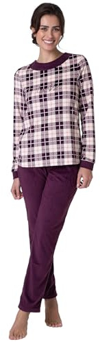 Lovable Set Pigiama in Morbido Micropile | Maglia Girocollo con Polsini | Pantaloni con Vita Elasticata, Tasche e Fondo a Costina | Caldo, Traspirante e Confortevole | Donna, Vinaccia Tartan 3 - M