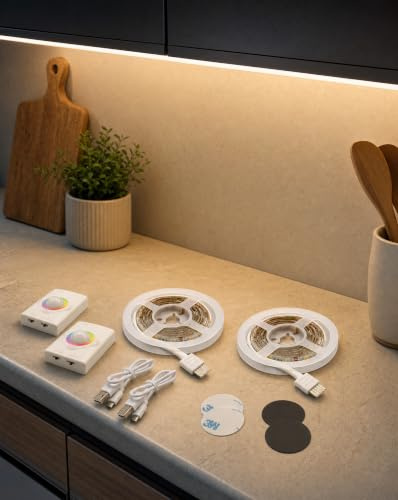Northpoint LED Streifen Akku Bewegungsmelder RGB 1m 2er-Set Schrankleuchte | Kabelloser Li-Ion Betrieb, USB-Ladekabel, 19 Leuchtmodi, dimmbar, 3M Klebeband, Magnethalterung, Tag- und Nachtsensor