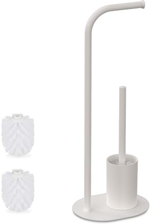 Relaxdays toilet set, HxWxD: 64.5 x 23 x 17 cm, metal, freestanding toilet paper holder with toilet brush, white