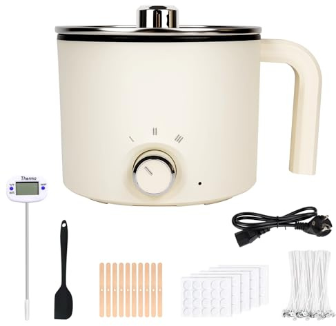1.8L Elektrischer Wachsschmelzer für die Kerzenherstellung, Kerzen Selber Machen Set mit Wachsschmelztopf, Thermometer, 100 Kerzendochte, 100 Dochtaufkleber, 10 Dochthalter und Rührlöffel, Weiß