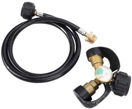 Oreilet Gastank Y Verteiler, 2 Wege Gasverteiler Adapter aus Messing mit Manometer und 1,2 M Langem Schlauch, für Grill, Camping, Herd, Heizung, Feuerstelle