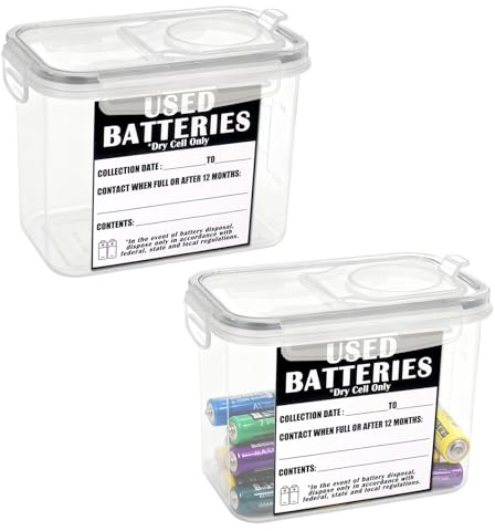 Klmnop 2 Pack Battery Disposal Container, 0.34 Gallons Capacity Dry Cell Recycling Bin with 2 Labels for Home Office Use(Clear)