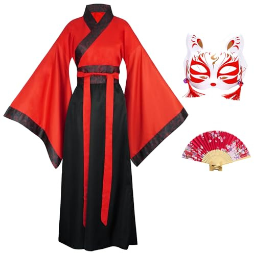 CRFASIBE Hanfu Chino Mujer con Accessories, Disfraz para Cosplay, XL/3XL | Vestido Tradicional Chino, Conjunto incluye Máscara y Abanico Plegable, Caja de Regalo, para Carneval, Fiestas, Actuaciones