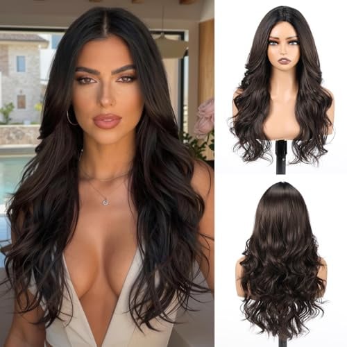 EMMOR Damen Lange Wellenperücke, Geschichtete Lockenperücke mit Mittelscheitel, 26 inches natürliche hitzebeständige synthetische Haare(Dunkelbraun Perücke)