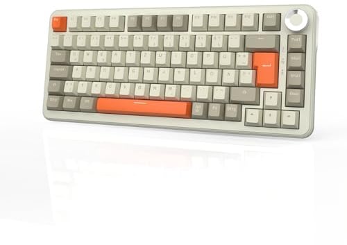 AJAZZ AK820 MAX Wireless Mechanical Keyboard, 75% Layout 82-Key Hot-Swap Gaming Keyboard, German QWERTZ Layout with Volume Control Knob, 2.4 GHz/Type-C/BT5.0, RGB Lighting Effects, Gray Beige Orange
