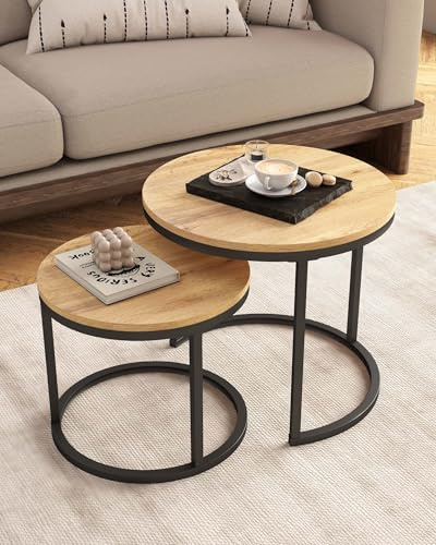 Amveya Mesa Auxiliar Sofa de Madera y Metal Negro Set de 2 Mesas Auxiliares para Salon Nido Redondas 50+40cm, Mesa de Centro Pequeña Salvaspazio para Dormitorio y Sofá