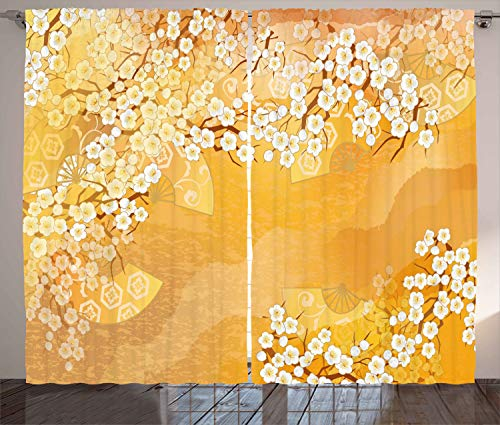 ABAKUHAUS Asiatisch Rustikaler Vorhang, Blüten, Wohnzimmer Universalband Gardinen mit Schlaufen und Haken, 280 x 225 cm, Ringelblume Creme