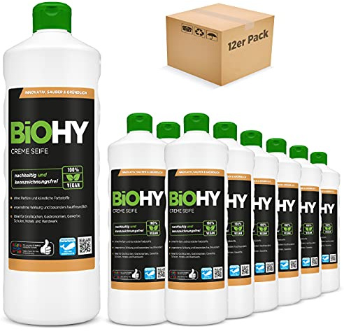 BiOHY Creme Seife (12 x 1 Liter) | Hautschonende, rückfettende & geruchsneutrale Handseife | flüssiger Nachfüllpack mit pflanzlichen Inhaltsstoffen | auch für das Gesicht geeignet