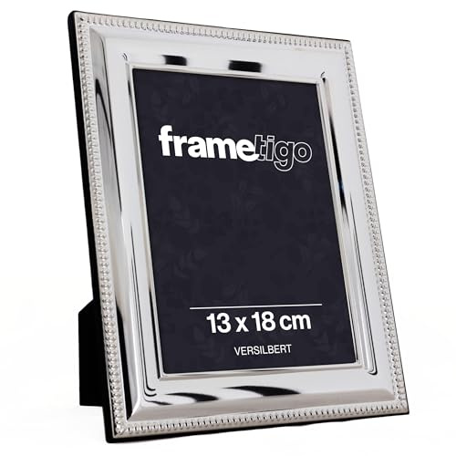 Frametigo – Versilberter Bilderrahmen mit Perlendekor, 13x18cm – Hoch- & Querformat – Samtrückseite & Aufsteller – Echtglas – Anlaufschutz – Eleganter Fotorahmen