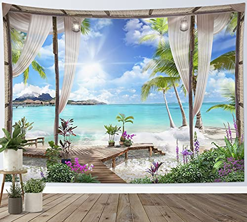 LB Wandteppich Türkisfarbener Ozean Wandtuch Strand Wandbehang Tropische Insel Landschaft vom Balkon Tapisserie für Wohnzimmer Schlafzimmer Wohnheim Wanddeko,235x180cm