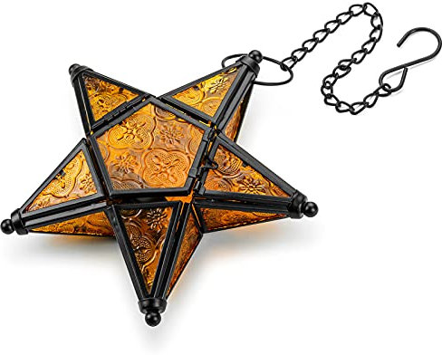 Romadedi Orientalische Laterne Metall & Glas - Marokkanisches Hängende Stern Teelichthalter Kerzenständer Gartenwindlicht,Handgemacht Geschenkartikel Hochzeits Geburtstags Garten Dekor, Orange