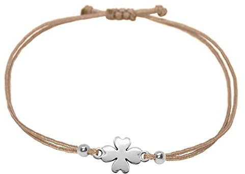 Selfmade Jewelry Armband Damen Kleeblatt Silber Größenverstellbares Glücksarmbändchen mit Klee Handmade Inkl. Geschenk-Verpackung (Silber - Braun)