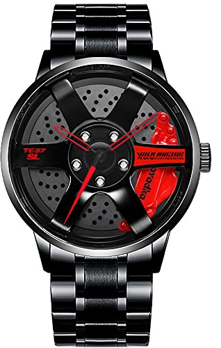 BOYADKA Car Wheel Watch, Stainless Steel Watch with Japanese Quartz Movement, Waterproof Sports Wrist Watch with Car Rim Hub Design for Men/Car Enthusiast