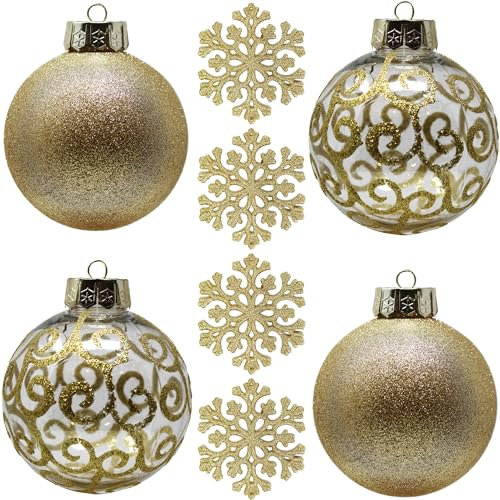 Große goldene Kugelornamente für Weihnachtsbaum im Landhausstil, Weihnachtsdekoration – Extra große bruchsichere 120-mm-Kugeln aus Kunststoff und Schneeflocken, 8er-Set