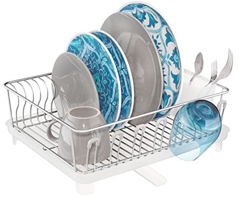 mDesign Abtropfgestell aus Metall mit 3 Teilen – mit herausnehmbarem Besteckkorb und Abtropfplatte aus Kunststoff – Geschirr-Organizer für Besteck & Co. – silberfarben und durchsichtig