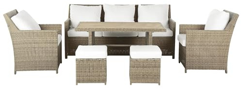 Beliani Lounge Set aus Polyrattan braun Tisch Hocker Sessel Auflagen weiß 5-Sitzer Fonti