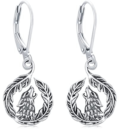 Wolf Ohrringe 925 Sterling Silber Feder Ohrstecker Wolf Leverback Ohrringe Hypoallergene Weihnachten Schmuck Geschenke für Damen Männer