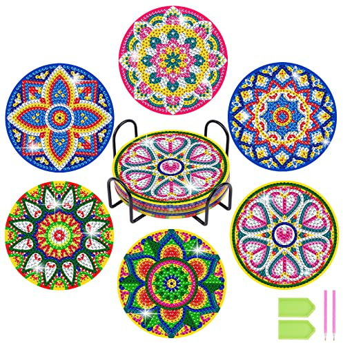 AUAUY 6 PCS DIY Diamant Peinture Dessous de Verre, Mandala/Animal Acrylique Coaster Kit avec Support, Diamond Painting Coasters pour La Maison, Bureau Adultes Enfants Débutants Amateurs d'art