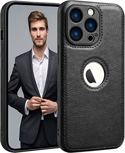 SOUTEM Custodia in pelle PU per iPhone 14 Pro,Cover di Protezione per L'obiettivo della Fotocamera,PU Pelle Sottile Lusso Business Antiscivolo Grip Rugged Antiurto Pieno Protettivo Case(Nero)