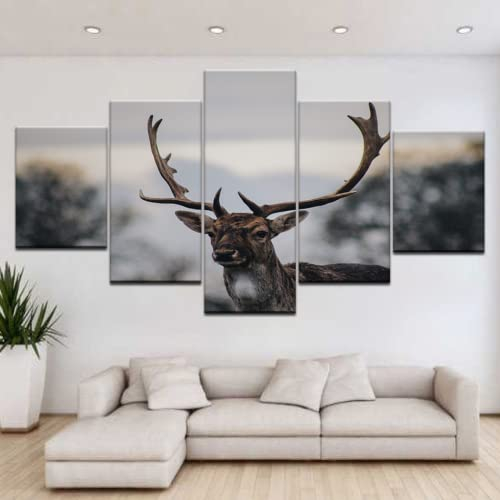 BIURKA Leinwand Wandmalerei Hirsch Elch Tier Bild Leinwanddrucke Malerei Ölbild für Zuhause, moderne Dekoration, Dekodruck 5 Stück Kein Rahmen 100x55cm