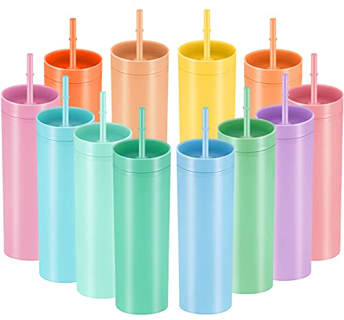 12 Pieces Skinny Tumblers Set 16 oz Matte Tumbler Skinny Acrylic Tumbler with Lid and Straw Double Wall Matte Plastic Tumbler Cups Vinyl Cups for Office School DIY (Bright Color)
