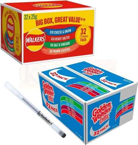 Golden Wonder Fully Flavoured Blue Box And Walkers Big Red Box Cheese and Onion Salt and Vinegar Smoky Bacon Ready Salted Prawn Cocktails 32pkx25g Each Box/Total 64 Individual Bags