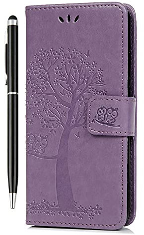 Motorola Moto E13 Case Flip Premium Wallet Phone Case Shockproof PU Leather Owl Tree Embossed Magnet Cover for Motorola Moto E13 with Kickstand Card Holder & 1 Touch Pen Light Purple
