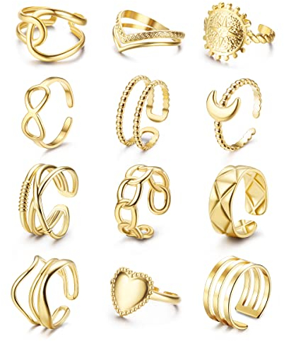 Adramata 12Pcs Ringe für Damen Edelstahl Ring Frauen Einfaches Herz Infinity Ring Offene Verstellbare Ringe Set Stapelbare Coole Punk Fingerring Boho Ringe Gold Silber Daumenring Damen