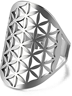 kkjoy Edelstahl Durchbrochener Ring mit Blume des Lebens verstellbar offener Fingerring Versprechenring Schmuck Geschenk für Frauen