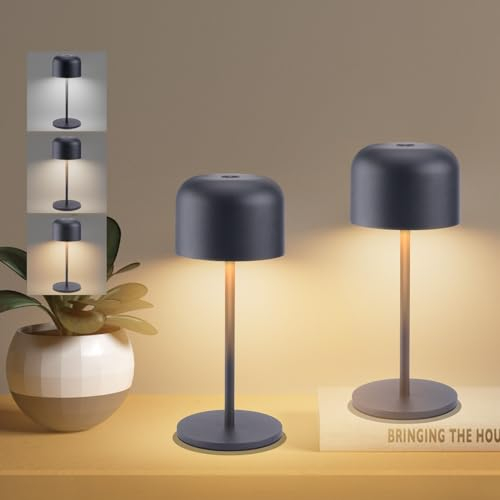 Klighten 2 Stück Dimmbare Led Akku Kleine Tischlampe Kabellos 3000K-6000K Indoor/Outdoor, IP54 Höhe 21cm Wiederaufladbar Tischleuchte Mit Usb-C, Anthrazit, Warmweiß/Natürliches Licht/Kühles Licht