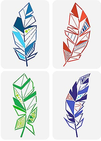 FINGERINSPIRE 4 Stück Feder Schablone 29.7x21 cm Geometrische Feder Malschablone Kunststoff Feder Muster Vorlagen Sets DIY Kunst Und Handwerk Feder Schablonen Für Boden Wand Dekor Kunstprojekte