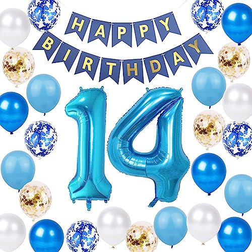 Luftballon 14. Geburtstag Blau Gold, 14 Jahr Geburtstagsdeko Junge, 14 Geburtstag Dekoration Blau, 14. Geburtstagparty Deko Jungen Blau Gold, 14. Geburtstagdeko Mädchen Jungen(14.)