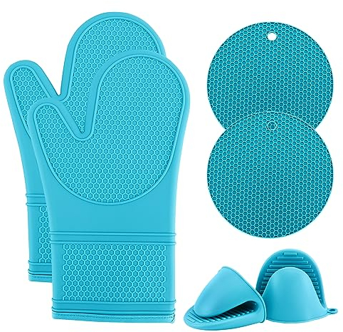 Cook with Color Silikon-Ofenhandschuhe, hitzebeständige Handschuhe mit weichem gestepptem Futter, Topflappen zum Kochen und Grillen, Blaugrün, Handschuh-Set