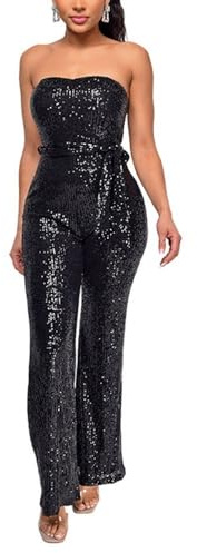 GHAKKE Sexy Bandeau Overalls Mit Glitzer Pailletten Für Damen Elegant Schulterfrei Taille Selbstbindend Weites Bein Hose Cocktail Jumpsuits (Color : Black, Size : M)