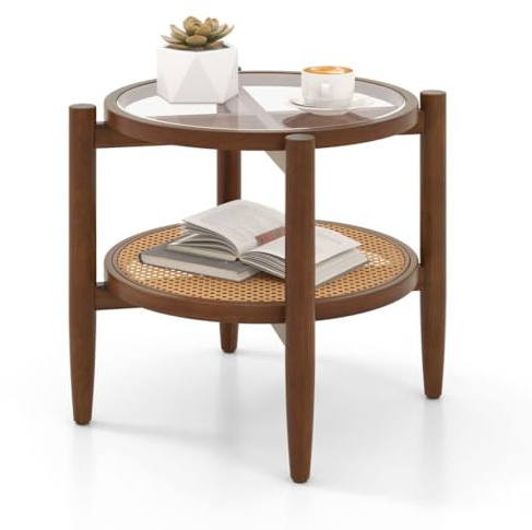 CASART 2-Tier Round End Table, PE Rattan Sofa Side Table with Tempered Glass Tabletop & Acacia Wood Legs, Accent Coffee Table with Storage Shelf for Living Room, Bedroom, Small Space